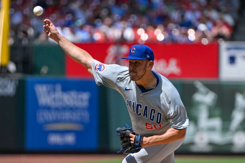 Jul 14, 2024; St. Louis, Missouri, USA;  Chicago Cubs starting pitcher Jameson Taillon (50) pitches against the St. Louis Cardinals during the sixth inning at Busch Stadium. Mandatory Credit: Jeff Curry-USA TODAY Sports