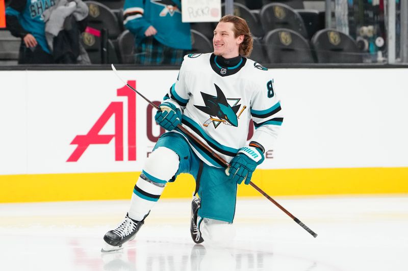 Nov 29, 2025; Las Vegas, Nevada, USA; San Jose Sharks right wing Adam Gaudette (81) warms up before a game against the Vegas Golden Knights at T-Mobile Arena. Mandatory Credit: Stephen R. Sylvanie-Imagn Images