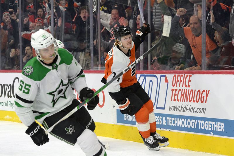 Jan 18, 2024; Philadelphia, Pennsylvania, USA; Philadelphia Flyers right wing Owen Tippett (74) celebrates his goal against the Dallas Stars during the third period at Wells Fargo Center. Mandatory Credit: Eric Hartline-USA TODAY Sports