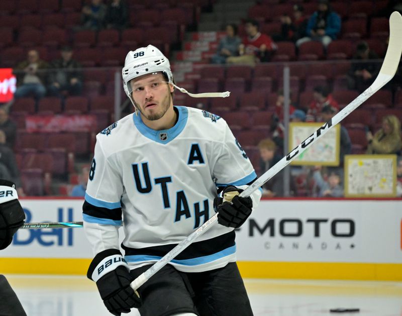 Nov 26, 2024; Montreal, Quebec, CAN; Utah Hockey Club defenseman Mikhail Sergachev (98) skates during the warmup period before a game against the Montreal Canadiens at the Bell Centre. Mandatory Credit: Eric Bolte-Imagn Images