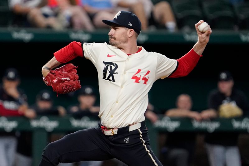 Aug 16, 2024; Arlington, Texas, USA; Texas Rangers pitcher Andrew Heaney (44) throws to the plate during the first inning against the Minnesota Twins at Globe Life Field. Mandatory Credit: Raymond Carlin III-USA TODAY Sports