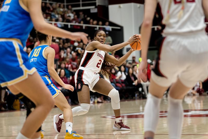 Feb 20, 2023; Stanford, California, USA;  Stanford Cardinal guard Agnes Emma-Nnopu (2) looks to pass against the UCLA Bruins during the first half at Maples Pavilion. Mandatory Credit: John Hefti-USA TODAY Sports