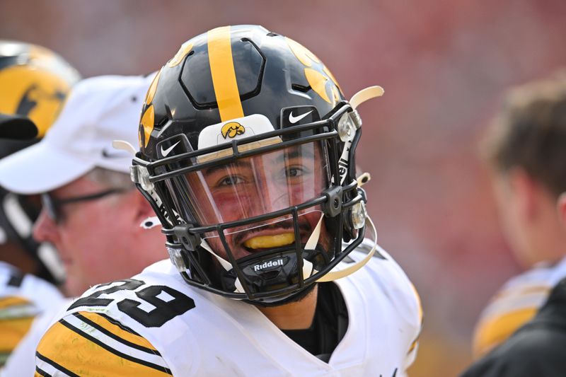 Sep 9, 2023; Ames, Iowa, USA; Iowa Hawkeyes defensive back Sebastian Castro (29) reacts after returning an interception for a touchdown against the Iowa State Cyclones  during the second quarter at Jack Trice Stadium. Mandatory Credit: Jeffrey Becker-USA TODAY Sports