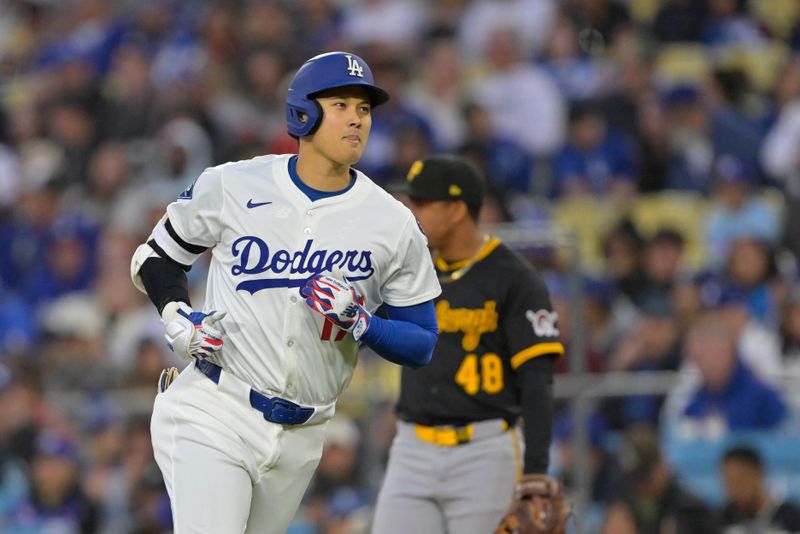 Apr 25, 2025; Los Angeles, California, USA;  Los Angeles Dodgers designated hitter Shohei Ohtani (17) runs the bases after a flyout during the first inning against the Pittsburgh Pirates at Dodger Stadium. Mandatory Credit: Jayne Kamin-Oncea-Imagn Images
