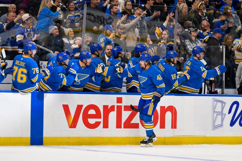 Oct 19, 2024; St. Louis, Missouri, USA;  St. Louis Blues right wing Kasperi Kapanen (42) is congratulated by teammates after scoring against the Carolina Hurricanes during the third period at Enterprise Center. Mandatory Credit: Jeff Curry-Imagn Images