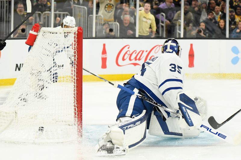 Apr 20, 2024; Boston, Massachusetts, USA; Boston Bruins center John Beecher (19) (not pictured) scores a goal past Toronto Maple Leafs goaltender Ilya Samsonov (35) during the first period in game one of the first round of the 2024 Stanley Cup Playoffs at TD Garden. Mandatory Credit: Bob DeChiara-USA TODAY Sports