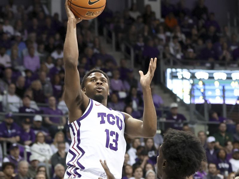 Feb 11, 2023; Fort Worth, Texas, USA;  TCU Horned Frogs guard Shahada Wells (13) shoots over Baylor Bears forward Jonathan Tchamwa Tchatchoua (23) during the first half at Ed and Rae Schollmaier Arena. Mandatory Credit: Kevin Jairaj-USA TODAY Sports