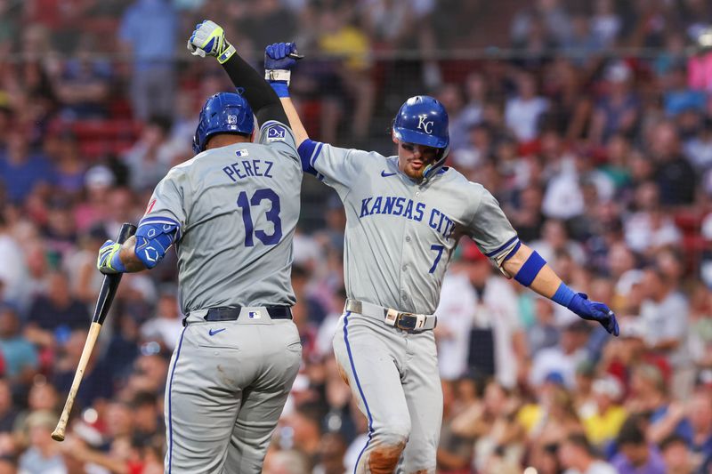 Jul 12, 2024; Boston, Massachusetts, USA; Kansas City Royals shortstop Bobby Witt Jr (7) celebrates after hitting a home run during the fourth inning against the Boston Red Sox at Fenway Park. Mandatory Credit: Paul Rutherford-USA TODAY Sports