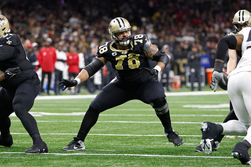 New Orleans Saints center Erik McCoy (78) during an NFL football game against the Atlanta Falcons, Sunday, Jan. 7, 2024, in New Orleans. (AP Photo/Tyler Kaufman)