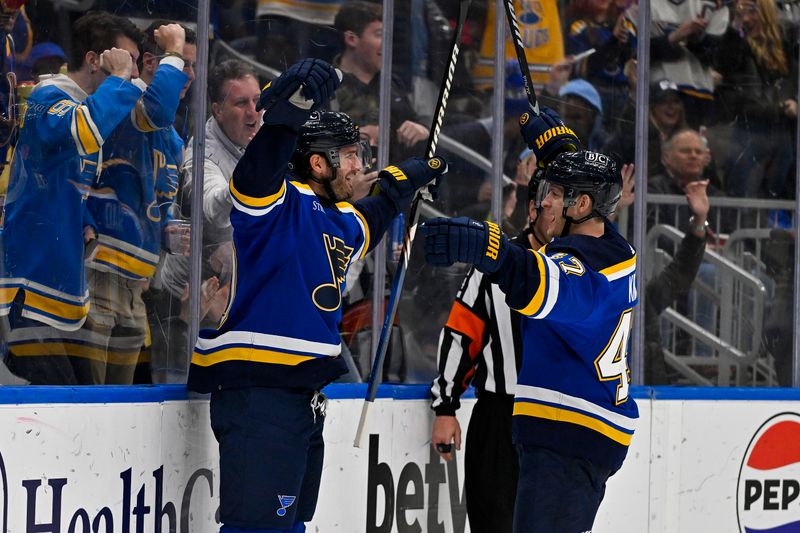 Jan 11, 2024; St. Louis, Missouri, USA;  St. Louis Blues left wing Brandon Saad (20) celebrates with defenseman Torey Krug (47) after scoring against the New York Rangers during the second period at Enterprise Center. Mandatory Credit: Jeff Curry-USA TODAY Sports