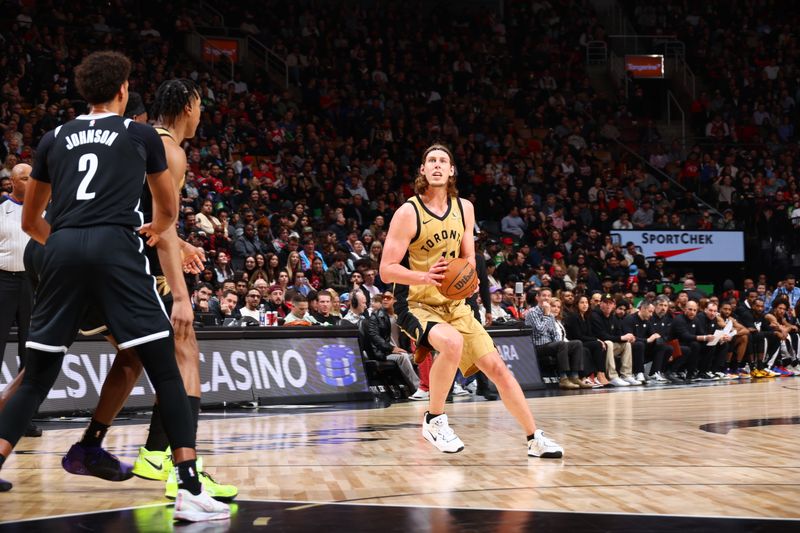 TORONTO, CANADA - FEBRUARY 22: Kelly Olynyk #41 of the Toronto Raptor shoots a three point basket during the game against the Brooklyn Nets on February 22, 2024 at the Scotiabank Arena in Toronto, Ontario, Canada.  NOTE TO USER: User expressly acknowledges and agrees that, by downloading and or using this Photograph, user is consenting to the terms and conditions of the Getty Images License Agreement.  Mandatory Copyright Notice: Copyright 2024 NBAE (Photo by Vaughn Ridley/NBAE via Getty Images)