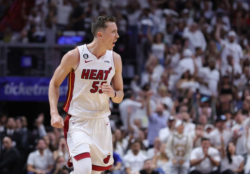 MIAMI, FLORIDA - MAY 21: Duncan Robinson #55 of the Miami Heat reacts after a three point basket during the second quarter against the Boston Celtics in game three of the Eastern Conference Finals at Kaseya Center on May 21, 2023 in Miami, Florida. NOTE TO USER: User expressly acknowledges and agrees that, by downloading and or using this photograph, User is consenting to the terms and conditions of the Getty Images License Agreement. (Photo by Megan Briggs/Getty Images)