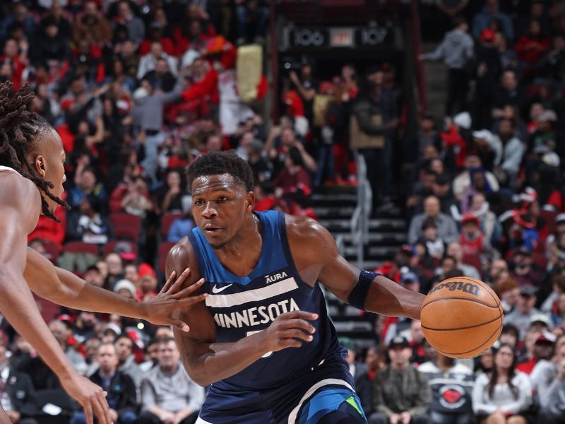 CHICAGO, IL - FEBRUARY 6: Anthony Edwards #5 of the Minnesota Timberwolves handles the ball during the game against the Chicago Bulls on February 6, 2024 at United Center in Chicago, Illinois. NOTE TO USER: User expressly acknowledges and agrees that, by downloading and or using this photograph, User is consenting to the terms and conditions of the Getty Images License Agreement. Mandatory Copyright Notice: Copyright 2024 NBAE (Photo by Jeff Haynes/NBAE via Getty Images)