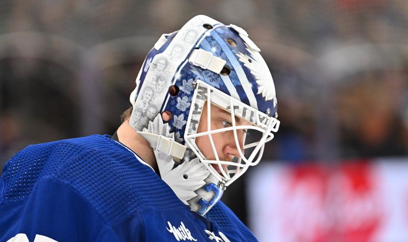 Feb 5, 2024; Toronto, Ontario, CAN;   Toronto Maple Leafs goalie Ilya Samsonov (35) waits for play to resume against the New York Islanders in the second period at Scotiabank Arena. Mandatory Credit: Dan Hamilton-USA TODAY Sports