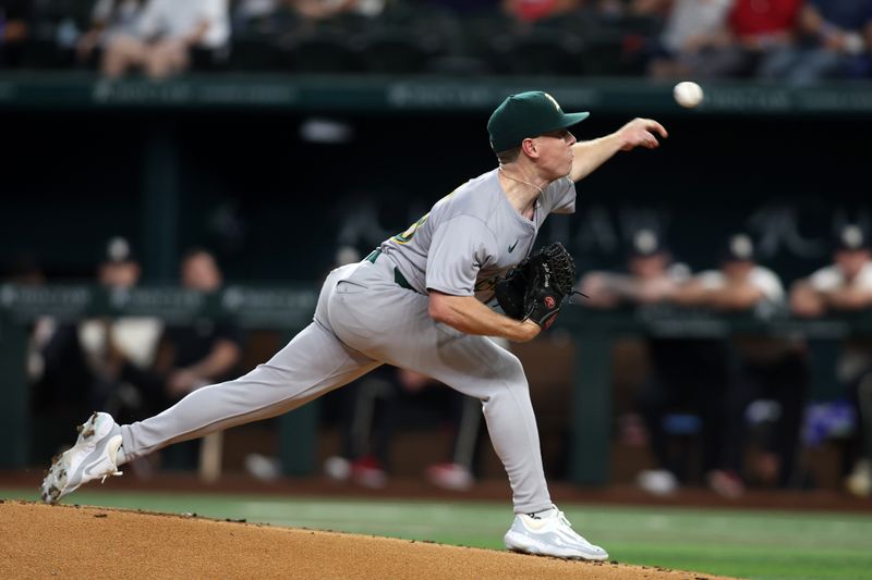 Aug 30, 2024; Arlington, Texas, USA; Oakland Athletics pitcher JP Sears (38) throws a pitch against the Texas Rangers in the first inning at Globe Life Field. Mandatory Credit: Tim Heitman-USA TODAY Sports