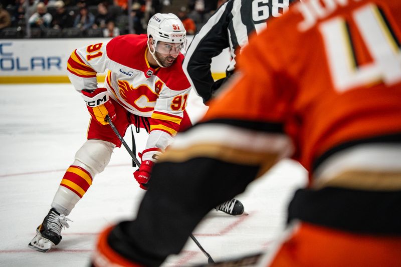 Mar 1, 2026; Anaheim, California, USA; Calgary Flames center Nazem Kadri (91) waits for a face-off during the first period in the match against the Anaheim Ducks at Honda Center. Mandatory Credit: Corinne Votaw-Imagn Images