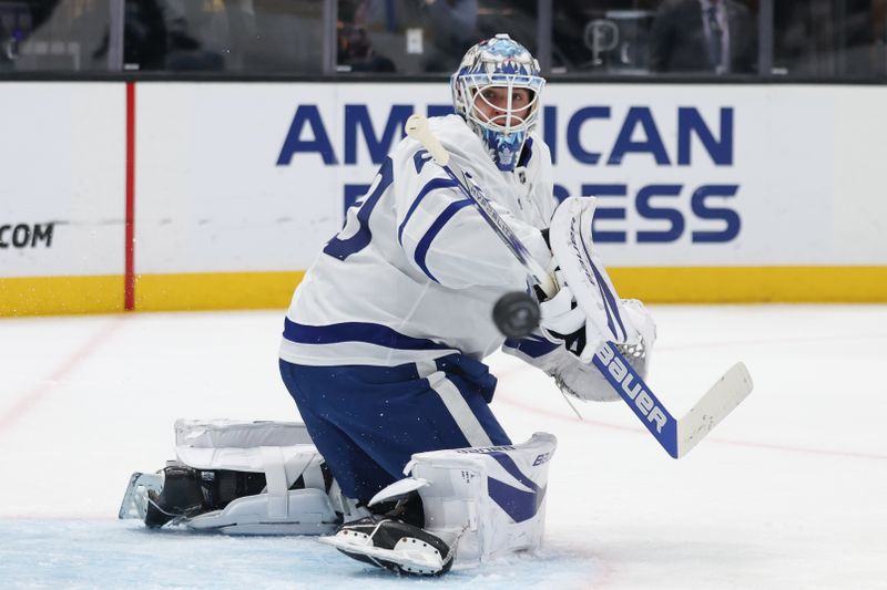 Mar 10, 2025; Salt Lake City, Utah, USA; Toronto Maple Leafs goaltender Joseph Woll watches the puck during the first period of the game against the Utah Hockey Club at Delta Center. Mandatory Credit: Rob Gray-Imagn Images