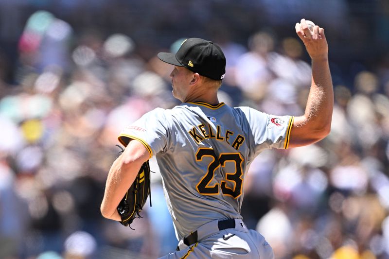 Jun 9, 2024; San Diego, California, USA; Pittsburgh Pirates pitcher Mitch Keller (23)  throws against the San Diego Padres during the first inning at Petco Park. Mandatory Credit: Denis Poroy-USA TODAY Sports at Petco Park. 
