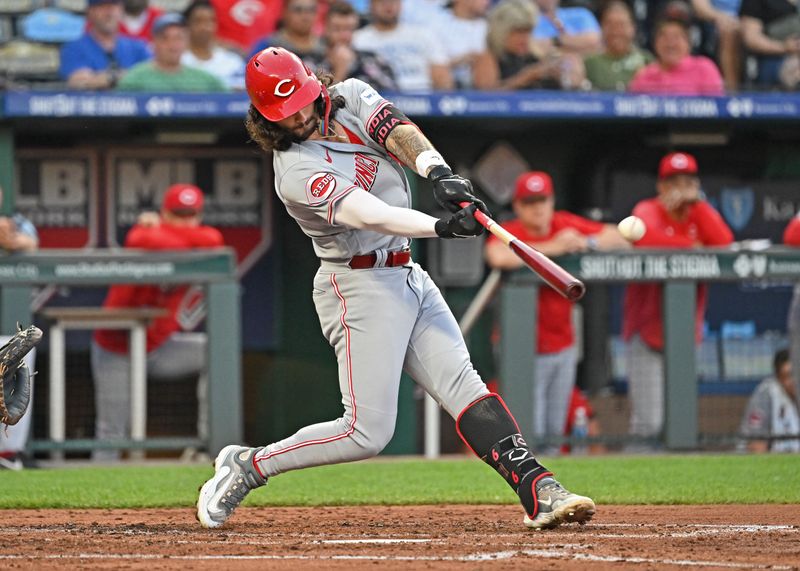 Jun 14, 2023; Kansas City, Missouri, USA;  Cincinnati Reds designated hitter Jonathan India (6) hits an RBI double in the fourth inning against the Kansas City Royals at Kauffman Stadium. Mandatory Credit: Peter Aiken-USA TODAY Sports