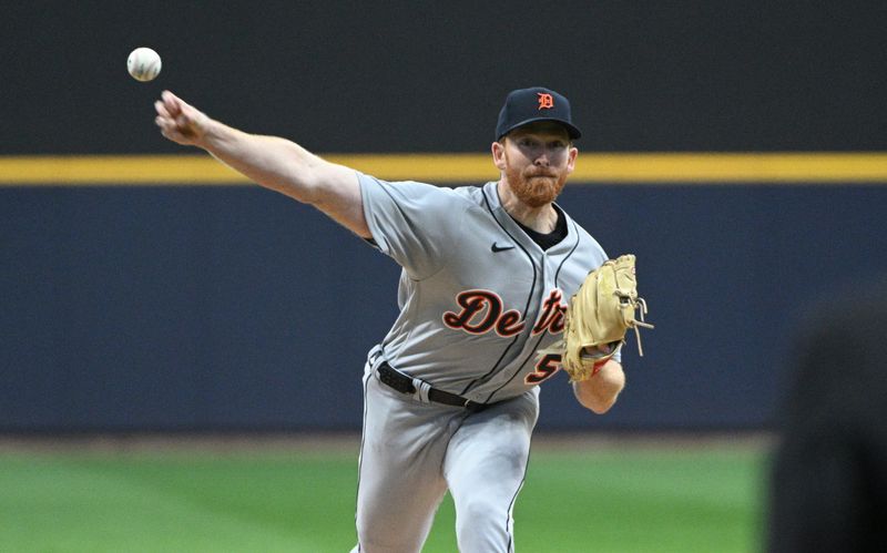 Apr 25, 2023; Milwaukee, Wisconsin, USA; Detroit Tigers starting pitcher Spencer Turnbull (56) delivers a pitch against the Milwaukee Brewers in the first inning at American Family Field. Mandatory Credit: Michael McLoone-USA TODAY Sports