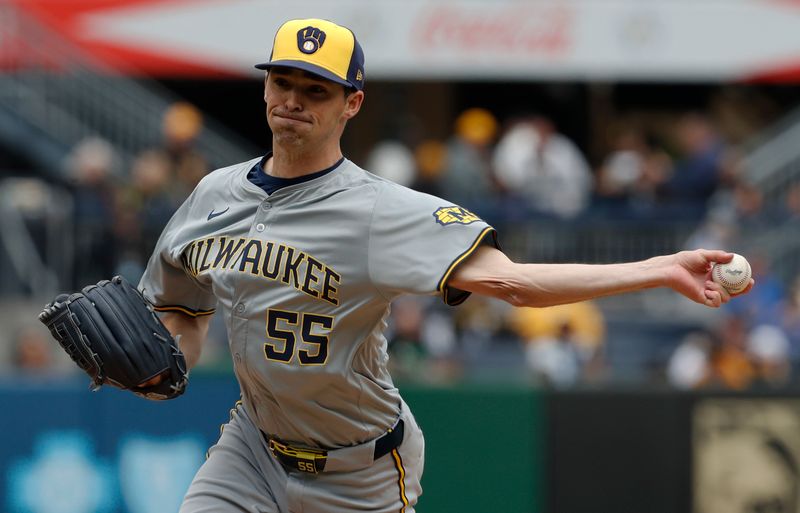 Apr 25, 2024; Pittsburgh, Pennsylvania, USA;  Milwaukee Brewers relief pitcher Hoby Milner (55) pitches against the Pittsburgh Pirates during the fifth inning at PNC Park. Mandatory Credit: Charles LeClaire-USA TODAY Sports