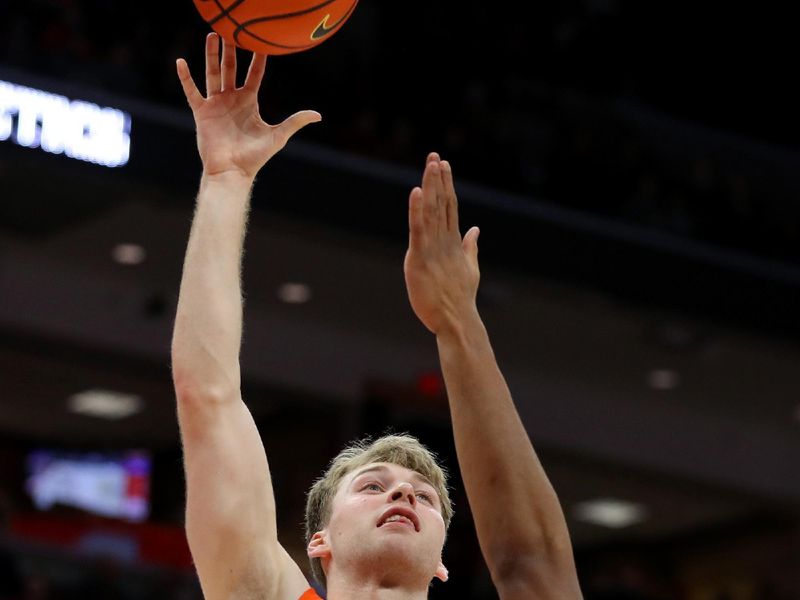 Jan 30, 2024; Columbus, Ohio, USA; Illinois Fighting Illini forward Marcus Domask (3) shoots the ball as Ohio State Buckeyes forward Zed Key (23) defends during the first half at Value City Arena. Mandatory Credit: Joseph Maiorana-USA TODAY Sports