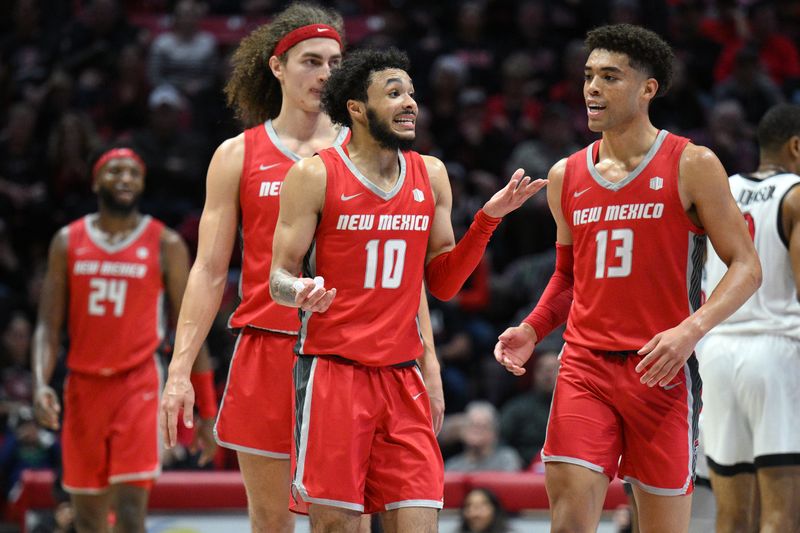 Jan 14, 2023; San Diego, California, USA; New Mexico Lobos guard Jaelen House (10) reacts after being issued a technical foul during the second half against the San Diego State Aztecs at Viejas Arena. Mandatory Credit: Orlando Ramirez-USA TODAY Sports