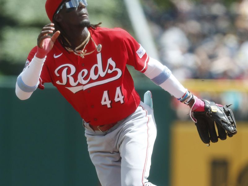 Aug 13, 2023; Pittsburgh, Pennsylvania, USA; Cincinnati Reds shortstop Elly De La Cruz (44) reacts in the field against the Pittsburgh Pirates during the fourth inning at PNC Park. Mandatory Credit: Charles LeClaire-USA TODAY Sports