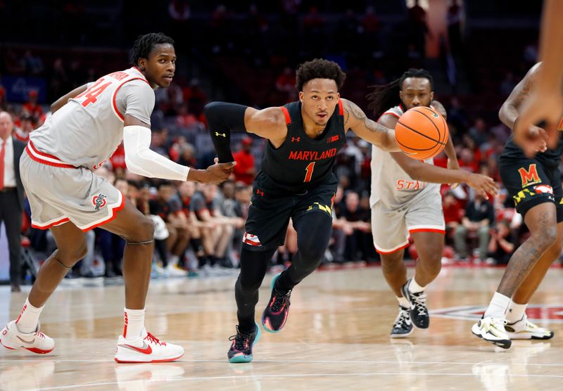 Mar 1, 2023; Columbus, Ohio, USA;  Maryland Terrapins guard Jahmir Young (1) dribbles past Ohio State Buckeyes center Felix Okpara (34) during the first half at Value City Arena. Mandatory Credit: Joseph Maiorana-USA TODAY Sports