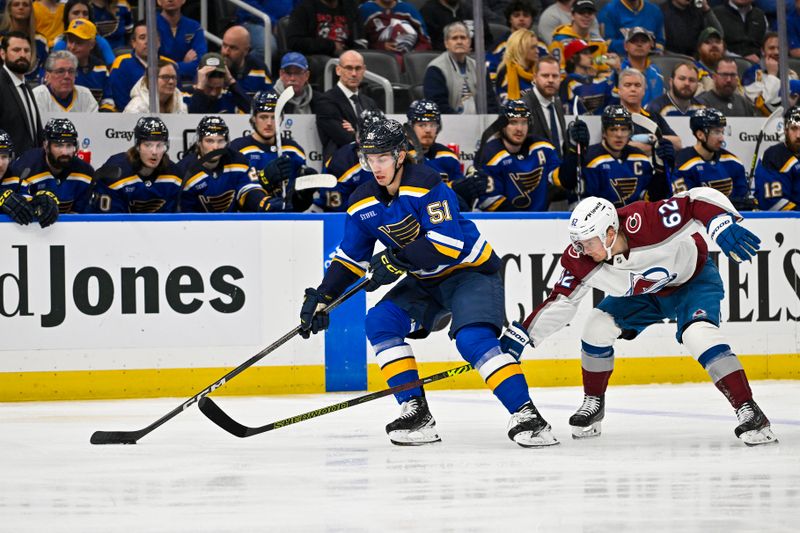 Mar 19, 2024; St. Louis, Missouri, USA;  St. Louis Blues defenseman Matthew Kessel (51) controls the puck as Colorado Avalanche left wing Artturi Lehkonen (62) defends during the first period at Enterprise Center. Mandatory Credit: Jeff Curry-USA TODAY Sports