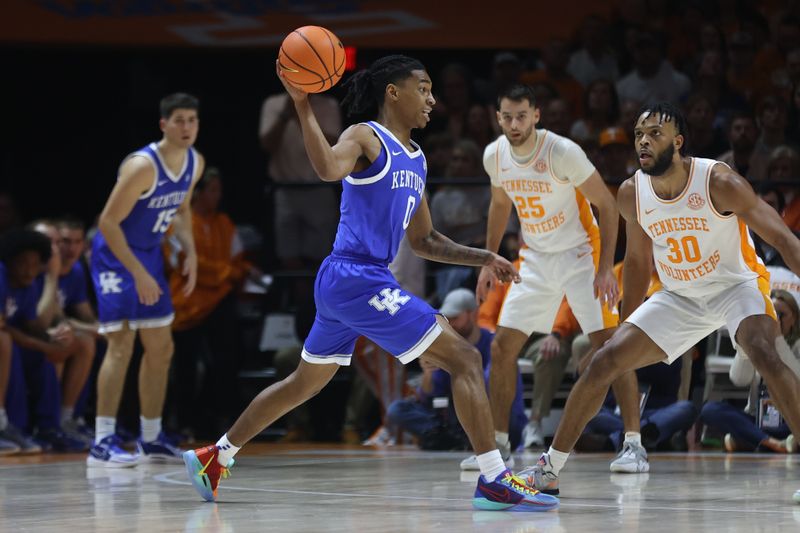 Mar 9, 2024; Knoxville, Tennessee, USA; Kentucky Wildcats guard Rob Dillingham (0) passes the ball against the Tennessee Volunteers during the second half at Thompson-Boling Arena at Food City Center. Mandatory Credit: Randy Sartin-USA TODAY Sports