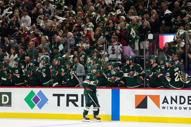 Oct 10, 2024; Saint Paul, Minnesota, USA; Minnesota Wild right wing Mats Zuccarello (36) celebrates his goal with teammates during the third period against the Columbus Blue Jackets at Xcel Energy Center. Mandatory Credit: Matt Krohn-Imagn Images