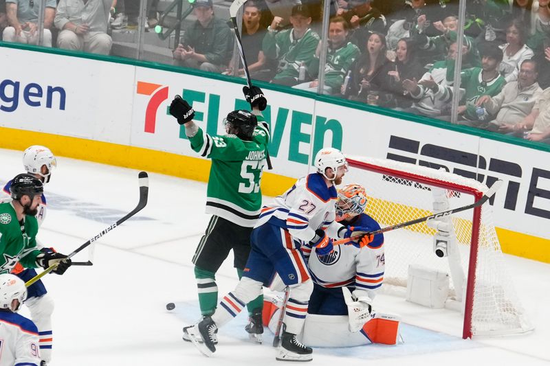 May 31, 2024; Dallas, Texas, USA; Dallas Stars center Wyatt Johnston (53) celebrates after scoring a goal against the Edmonton Oilers during the third period between the Dallas Stars and the Edmonton Oilers in game five of the Western Conference Final of the 2024 Stanley Cup Playoffs at American Airlines Center. Mandatory Credit: Chris Jones-USA TODAY Sports