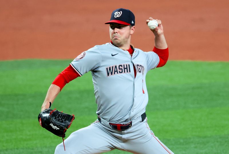 Apr 30, 2024; Arlington, Texas, USA;  Washington Nationals starting pitcher MacKenzie Gore (1) throws during the fourth inning against the Texas Rangers at Globe Life Field. Mandatory Credit: Kevin Jairaj-USA TODAY Sports