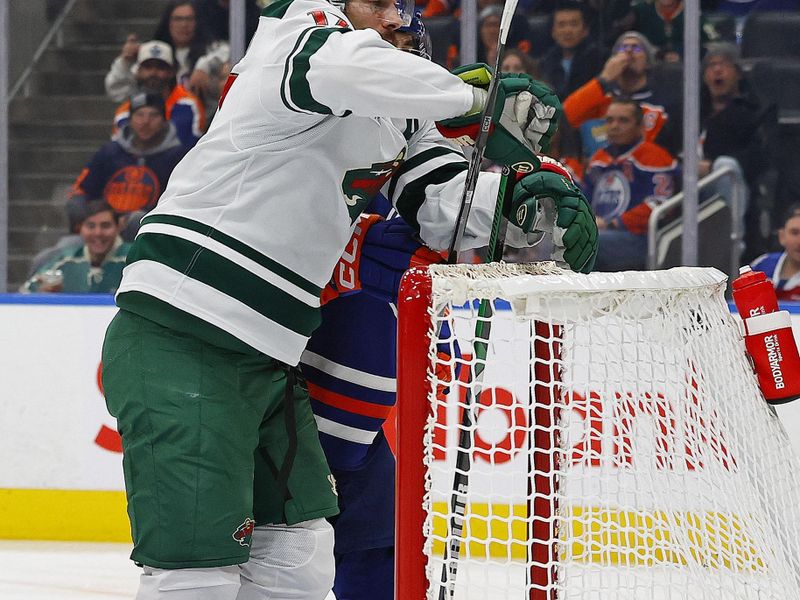 Nov 21, 2024; Edmonton, Alberta, CAN; Minnesota Wild forward Marcus Foligno (17) celebrates his goal during the second period against the Edmonton Oilers at Rogers Place. Mandatory Credit: Perry Nelson-Imagn Images