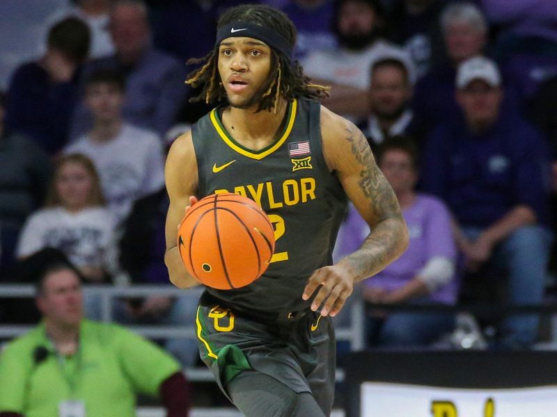 Jan 16, 2024; Manhattan, Kansas, USA; Baylor Bears guard Jayden Nunn (2) brings the ball up court during the second half against the Kansas State Wildcats at Bramlage Coliseum. Mandatory Credit: Scott Sewell-USA TODAY Sports