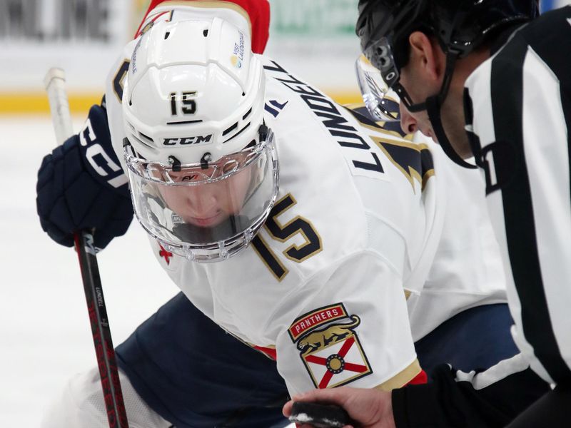 Dec 3, 2024; Pittsburgh, Pennsylvania, USA;  Florida Panthers center Anton Lundell (15) waits for the puck drop on a face-off against the Pittsburgh Penguins during the second period at PPG Paints Arena. Mandatory Credit: Charles LeClaire-Imagn Images