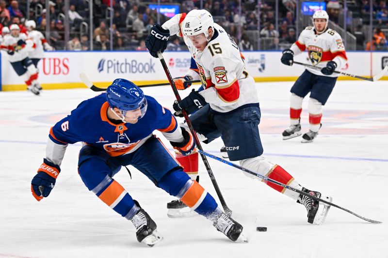 Oct 26, 2024; Elmont, New York, USA;  Florida Panthers center Anton Lundell (15) makes a move around New York Islanders defenseman Ryan Pulock (6) during the third period at UBS Arena. Mandatory Credit: Dennis Schneidler-Imagn Images