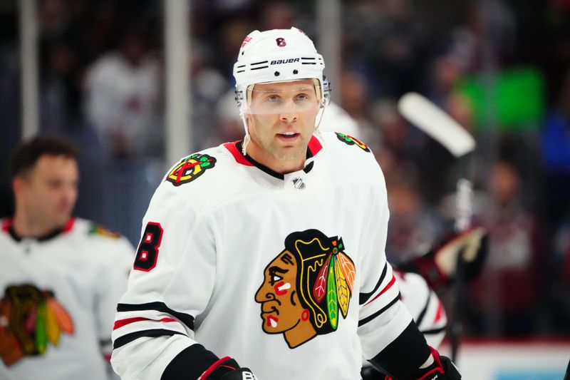 Oct 12, 2022; Denver, Colorado, USA; Chicago Blackhawks defenseman Jack Johnson (8) before the game against the Colorado Avalanche at Ball Arena. Mandatory Credit: Ron Chenoy-USA TODAY Sports