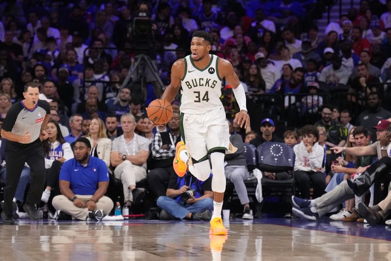 PHILADELPHIA, PA - OCTOBER 23: Giannis Antetokounmpo #34 of the Milwaukee Bucks dribbles the ball during the game against the Philadelphia 76ers on October 23, 2024 at the Wells Fargo Center in Philadelphia, Pennsylvania NOTE TO USER: User expressly acknowledges and agrees that, by downloading and/or using this Photograph, user is consenting to the terms and conditions of the Getty Images License Agreement. Mandatory Copyright Notice: Copyright 2024 NBAE (Photo by Jesse D. Garrabrant/NBAE via Getty Images)