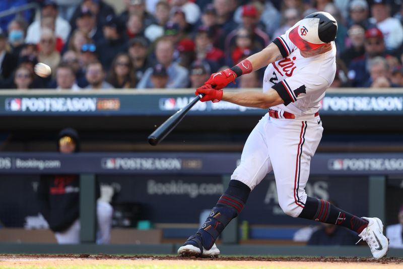 Oct 10, 2023; Minneapolis, Minnesota, USA; Minnesota Twins right fielder Max Kepler (26) in the second half in the first inning against the Houston Astros during game three of the ALDS for the 2023 MLB playoffs at Target Field. Mandatory Credit: Jesse Johnson-USA TODAY Sports