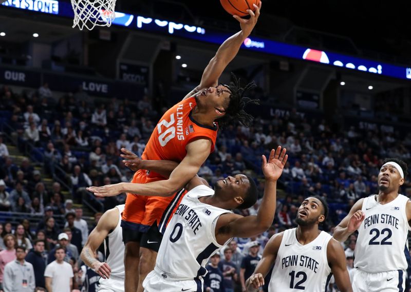 Feb 14, 2023; University Park, Pennsylvania, USA; Illinois Fighting Illini guard/forward Ty Rodgers (20) reaches for the rebound during the second half against the Penn State Nittany Lions at Bryce Jordan Center. Penn State defeated Illinois 93-81. Mandatory Credit: Matthew OHaren-USA TODAY Sports