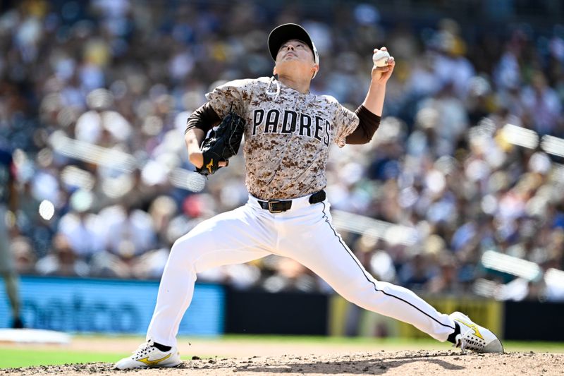 May 18, 2025; San Diego, California, USA; San Diego Padres relief pitcher Yuki Matsui (1) delivers during the ninth inning against the Seattle Mariners at Petco Park. Mandatory Credit: Denis Poroy-Imagn Images