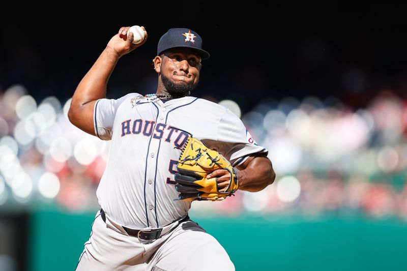 Apr 20, 2024; Washington, District of Columbia, USA; Houston Astros pitcher Ronel Blanco (56) pitches against the Washington Nationals during the first inning at Nationals Park. Mandatory Credit: Scott Taetsch-USA TODAY Sports