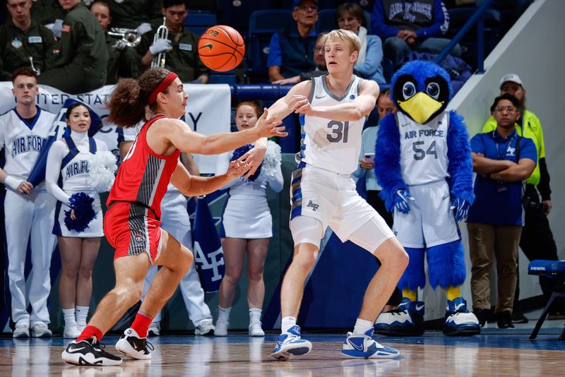 Feb 10, 2023; Colorado Springs, Colorado, USA; Air Force Falcons forward Rytis Petraitis (31) passes the ball under pressure from New Mexico Lobos forward Josiah Allick (53) in the first half at Clune Arena. Mandatory Credit: Isaiah J. Downing-USA TODAY Sports