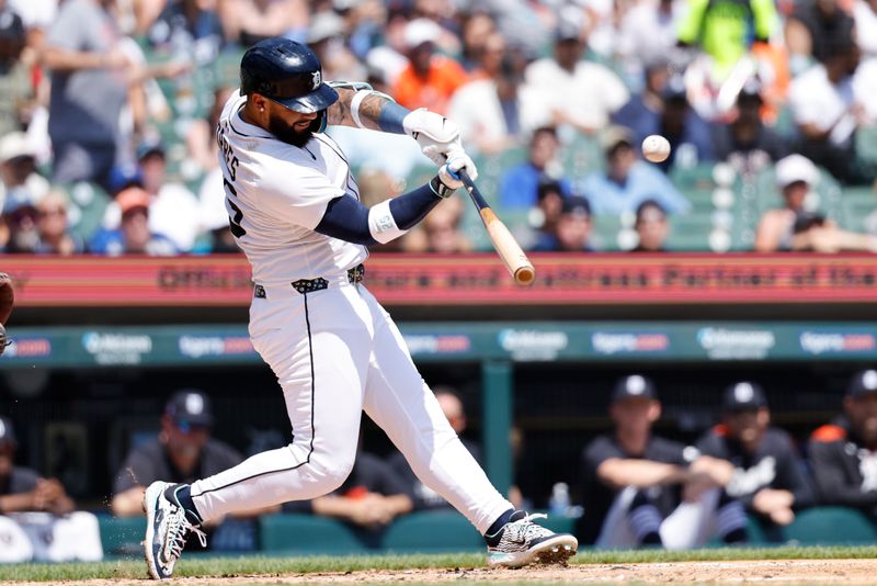 Jul 27, 2025; Detroit, Michigan, USA;  Detroit Tigers second baseman Gleyber Torres (25) hits a three-run home run in the third inning against the Toronto Blue Jays at Comerica Park. Mandatory Credit: Rick Osentoski-Imagn Images