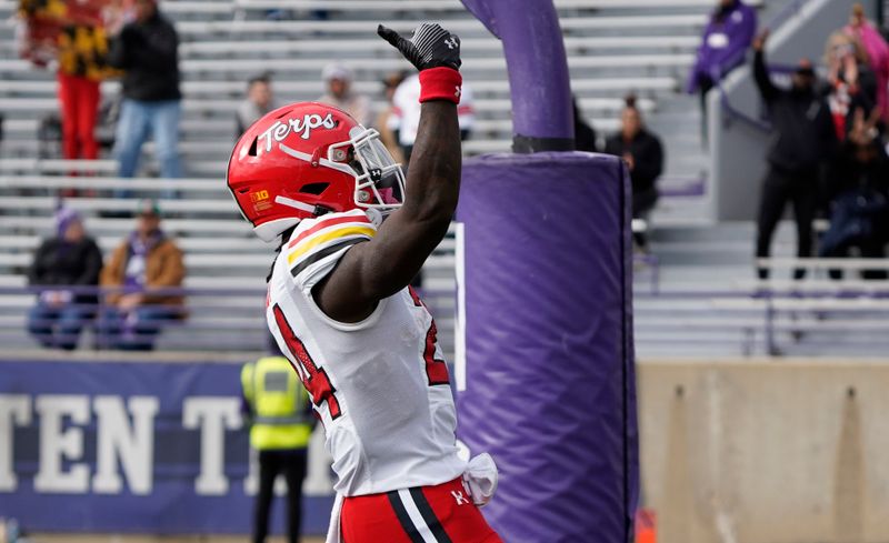 Oct 28, 2023; Evanston, Illinois, USA; Maryland Terrapins running back Roman Hemby (24) celebrates his touchdown against the Northwestern Wildcats during the first half at Ryan Field. Mandatory Credit: David Banks-USA TODAY Sports