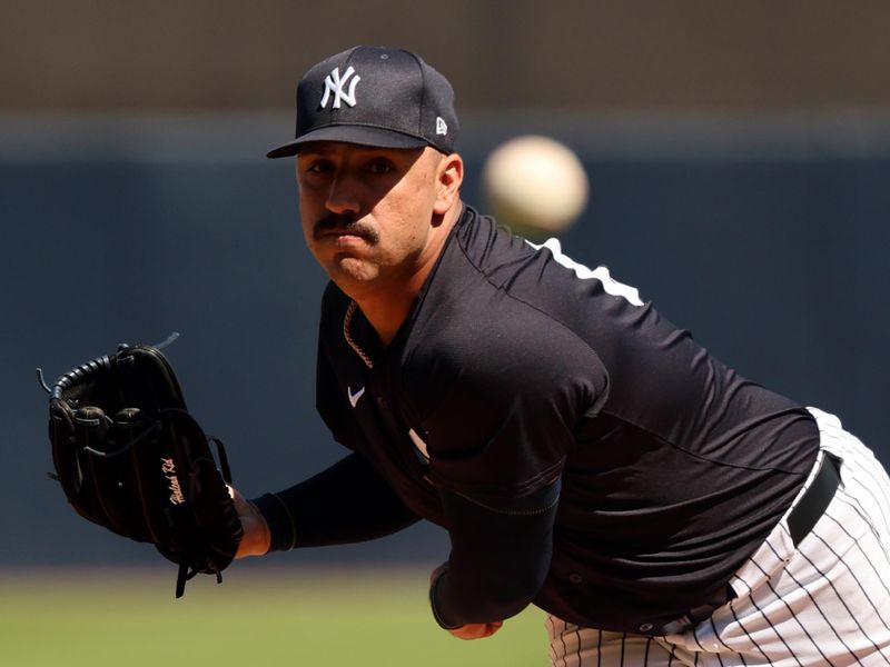 Feb 26, 2024; Tampa, Florida, USA; New York Yankees starting pitcher Nestor Cortes (65) throws a pitch during the first inning against the Minnesota Twins at George M. Steinbrenner Field. Mandatory Credit: Kim Klement Neitzel-USA TODAY Sports