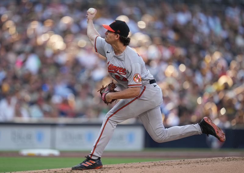 Aug 16, 2023; San Diego, California, USA; Baltimore Orioles starting pitcher Dean Kremer (64) throws a pitch against the San Diego Padres during the first inning at Petco Park. Mandatory Credit: Ray Acevedo-USA TODAY Sports