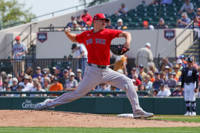 Mar 4, 2024; Lakeland, Florida, USA; Boston Red Sox relief pitcher Josh Winckowski (25) pitches during the first inning against the Detroit Tigers at Publix Field at Joker Marchant Stadium. Mandatory Credit: Mike Watters-USA TODAY Sports